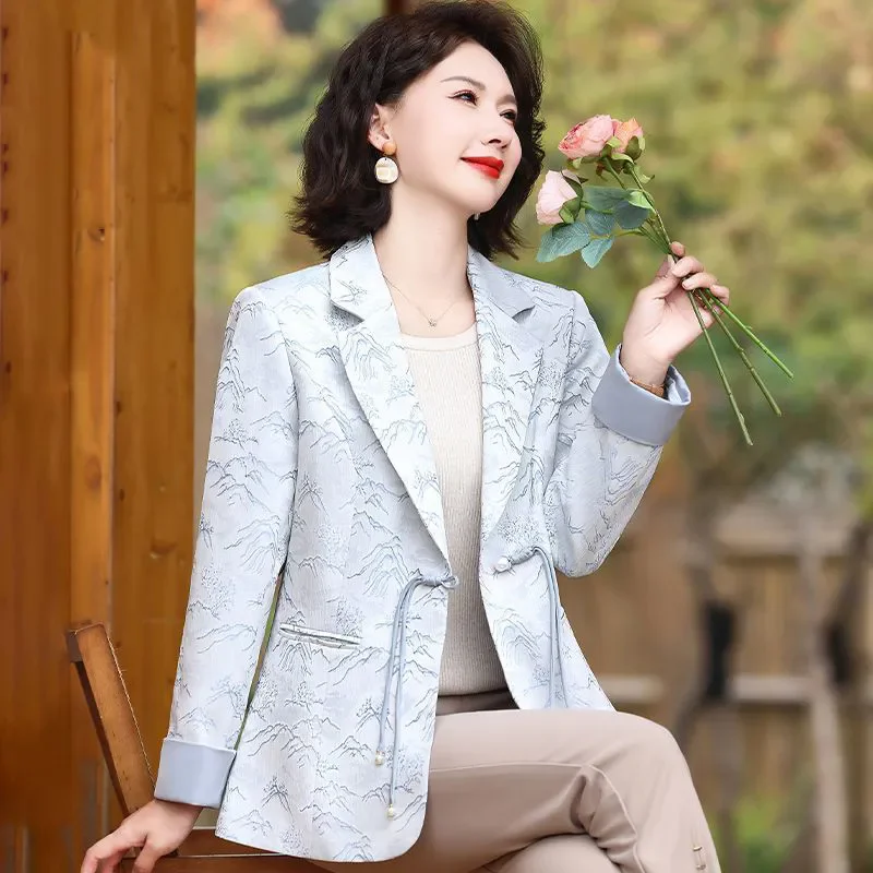 

Autumn Chinese-Style Buckle Blazer Jacket Women's Outwear 2024 New Spring Chic Fashion Slim Printed Long-sleeved Blazer Tops