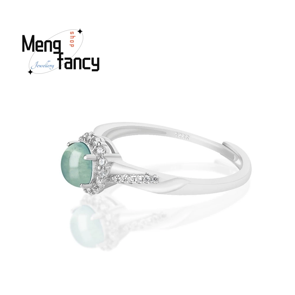 أفضل بيع S925 الفضة مطعمة الطبيعية السلع اليشم الأزرق المياه الدائري الجليد اليشم خاتم الموضة المرأة خاتم قابل للتعديل شعبية