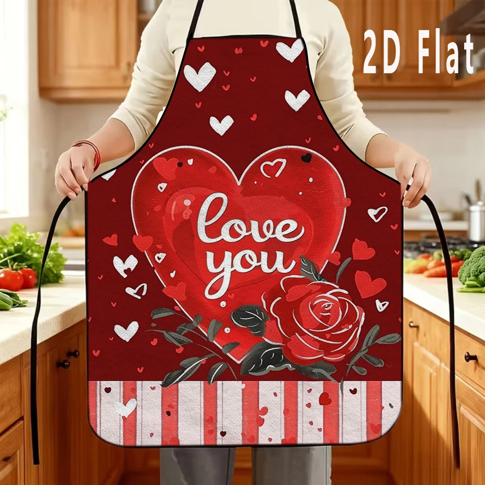 

1 шт. 2D плоский романтический фартук с принтом розы и сердца, 60x80 см, фартук для кухни/ресторана, фартук для барбекю, прочный и легко чистится
