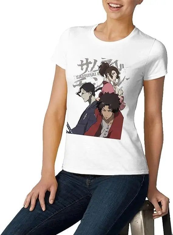 Samurai Anime Champloo Shirt Women's Fashion Short Sleeve Cotton T Shirts Quick Dry Pattern Custom Tee Tops Black