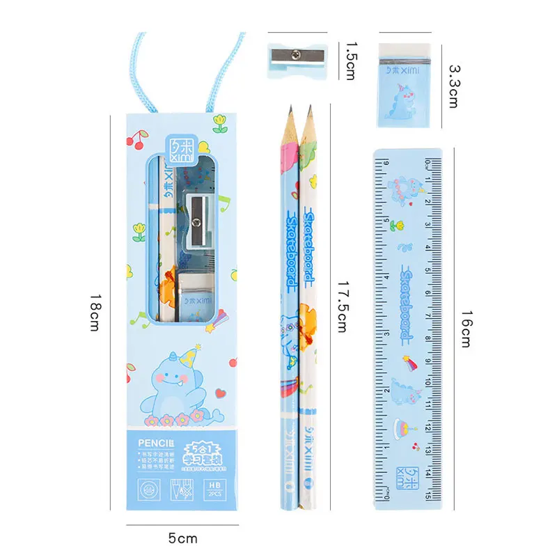 28Sets 5 in 1 Cute Cartoon Pencil Set Portable Stationery Set for Kids Gift Pencil Eraser Sharpener Ruler School Supplies