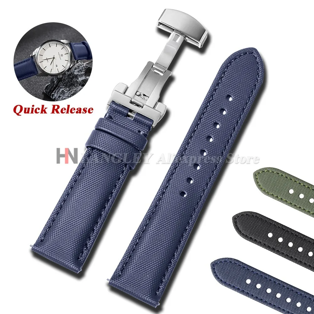Sailcloth Nylon Leather Watchband for Omega for Seiko Business Watch Strap 18mm 20mm 22mm Butterfly Buckle Stitching Green Belts