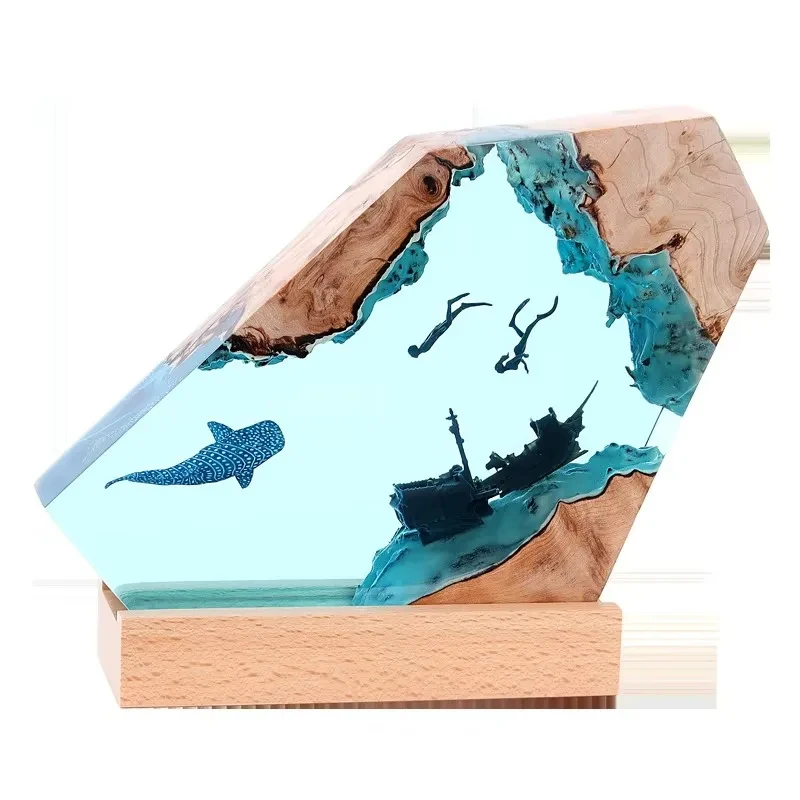 Home Decor Bedroom Soft Light Office Dktop Ocean Art Ornament Solid Wood Rin Nightlight