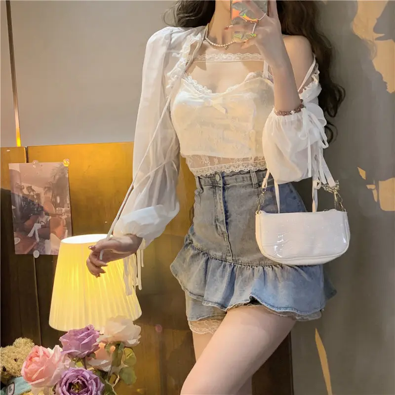 Sweet Camisole Sets Women Skinny Sexy Crop Jackets Simple Pure All-match Lace Korean Style Summer Sun-proof Ladies Bandage Chic