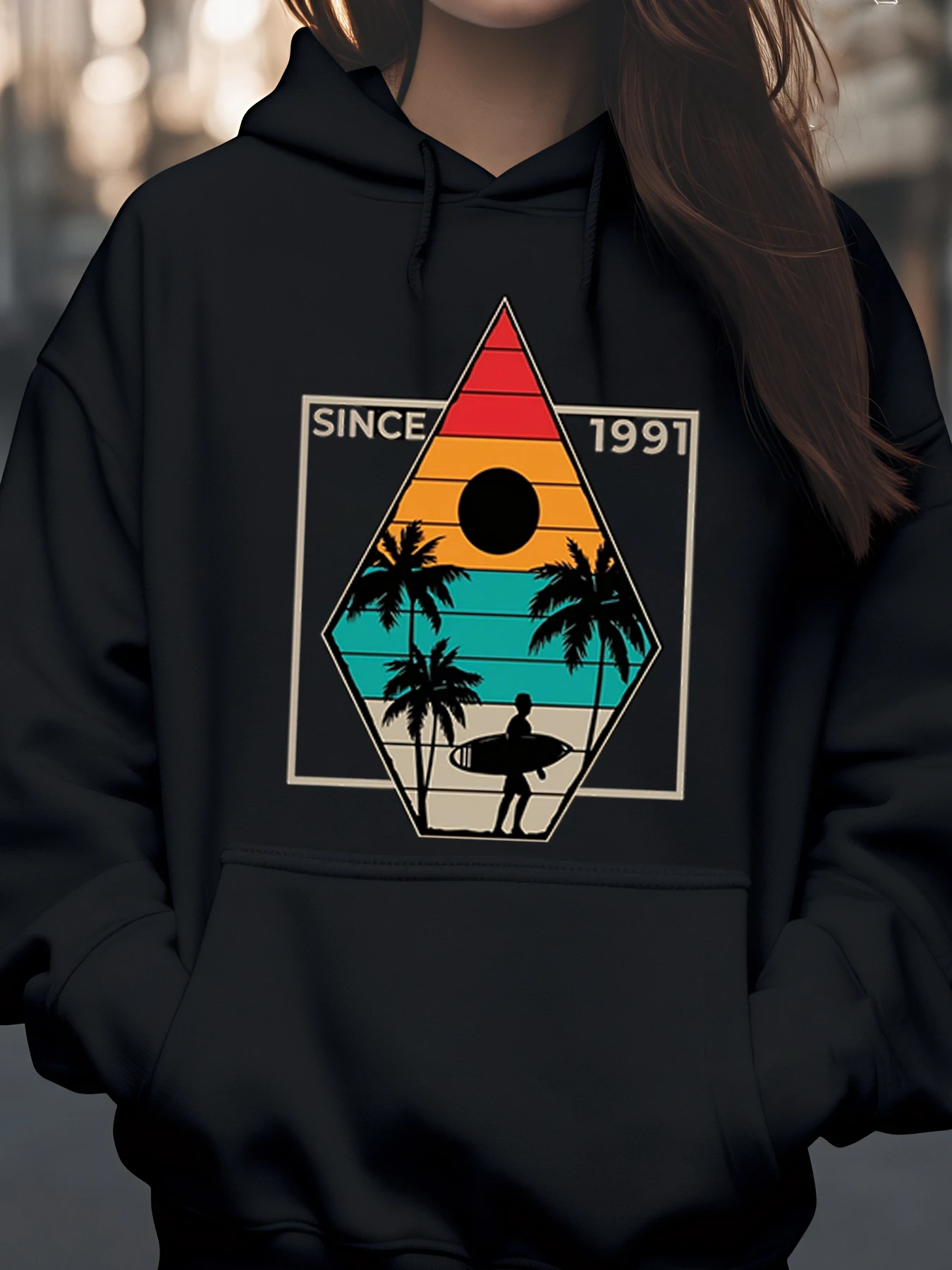 

Ретро Sunset Palm Tree Surf Дизайн с 1991 года Толстовка с капюшоном Повседневная одежда Унисекс Уличная одежда