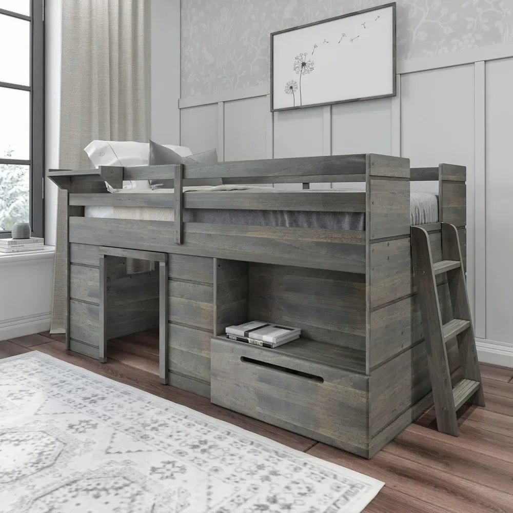 

Loft Bed Twin Size Solid Wood Low Loft Bed with Storage Drawer and Ladder, Modern Farmhouse Space-Saving Loft Bed for Kids