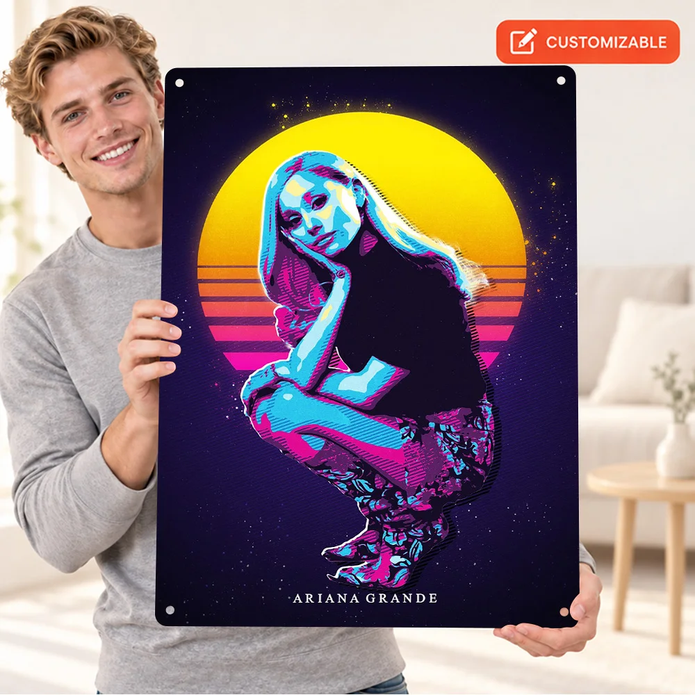 Ariana Grande Retro Aluminum Poster Bold Contemporary Illustration Home Office Wall Art Customized Metal Sign Gift For Friends