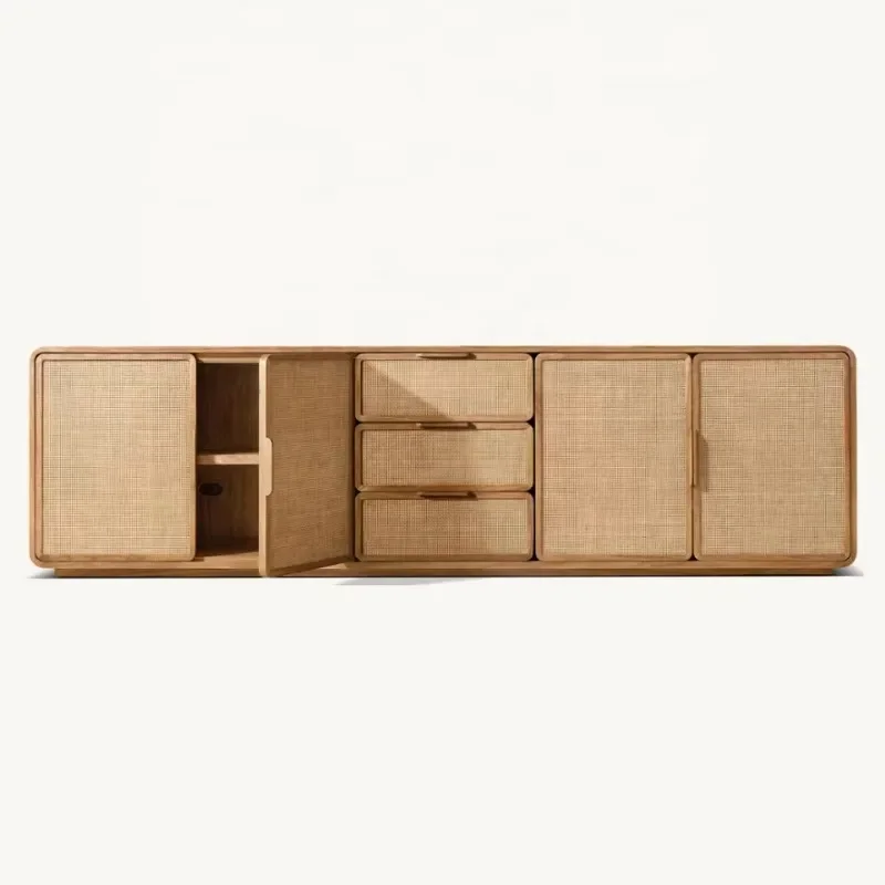 High-end exquisite wood rattan TV cabinet, villa clubhouse can export side cabinet