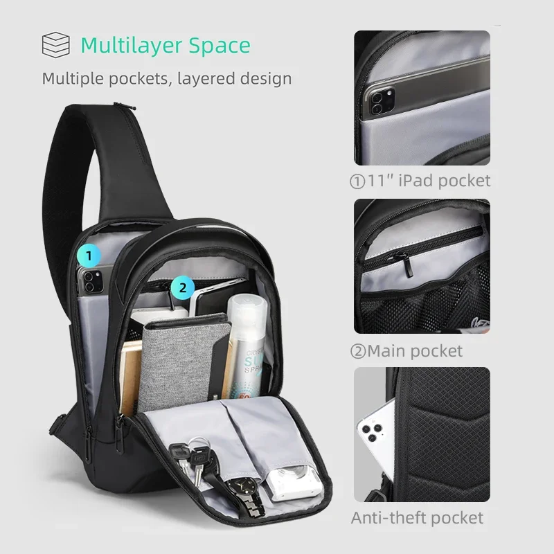 Mark Ryden Men Water-repellent Sports Chest Bag Travel Shoulder Bag  Anti-theft Crossbody Bags USB Charging Messenger Bag