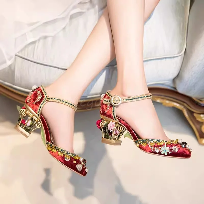 Bird Cage Shaped Rose Heel Sandals Women\'s Luxury Wedding Shoes Eastern Chinese Style Middle High Thick Heels Shoes Red Color