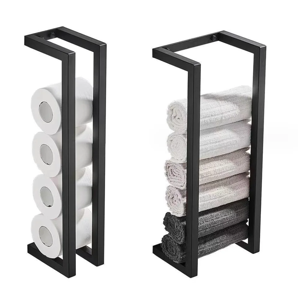 Bathroom towel rack Bath towel storage rack Hotel bathroom towel roll paper rack dual use stainless steel black wall hanging