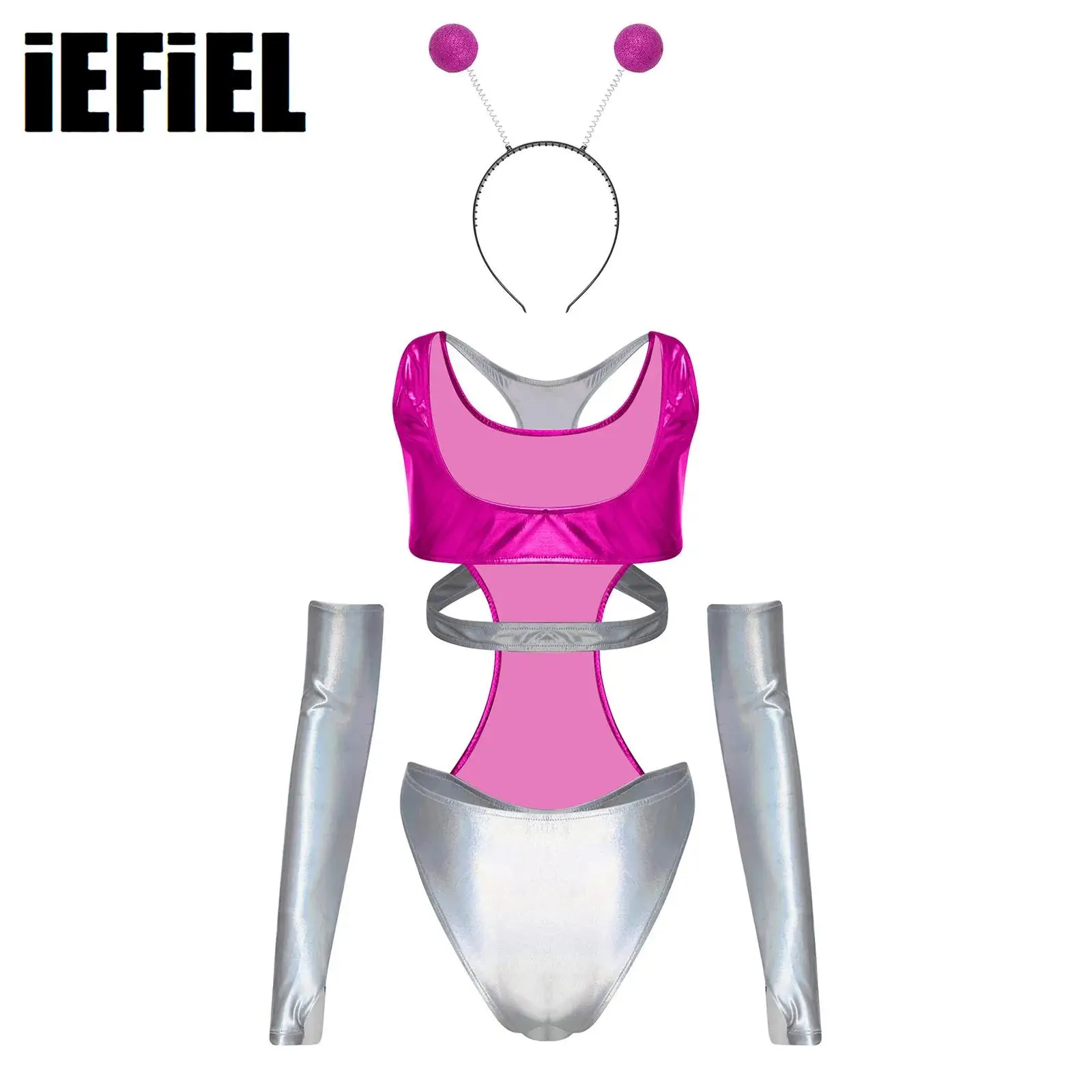 

Women Alien Outer Space Cosplay Costume Metallic Shiny Hollow Out Bodysuit Sleeves And Headwear Suit Halloween Astronaut Outfits