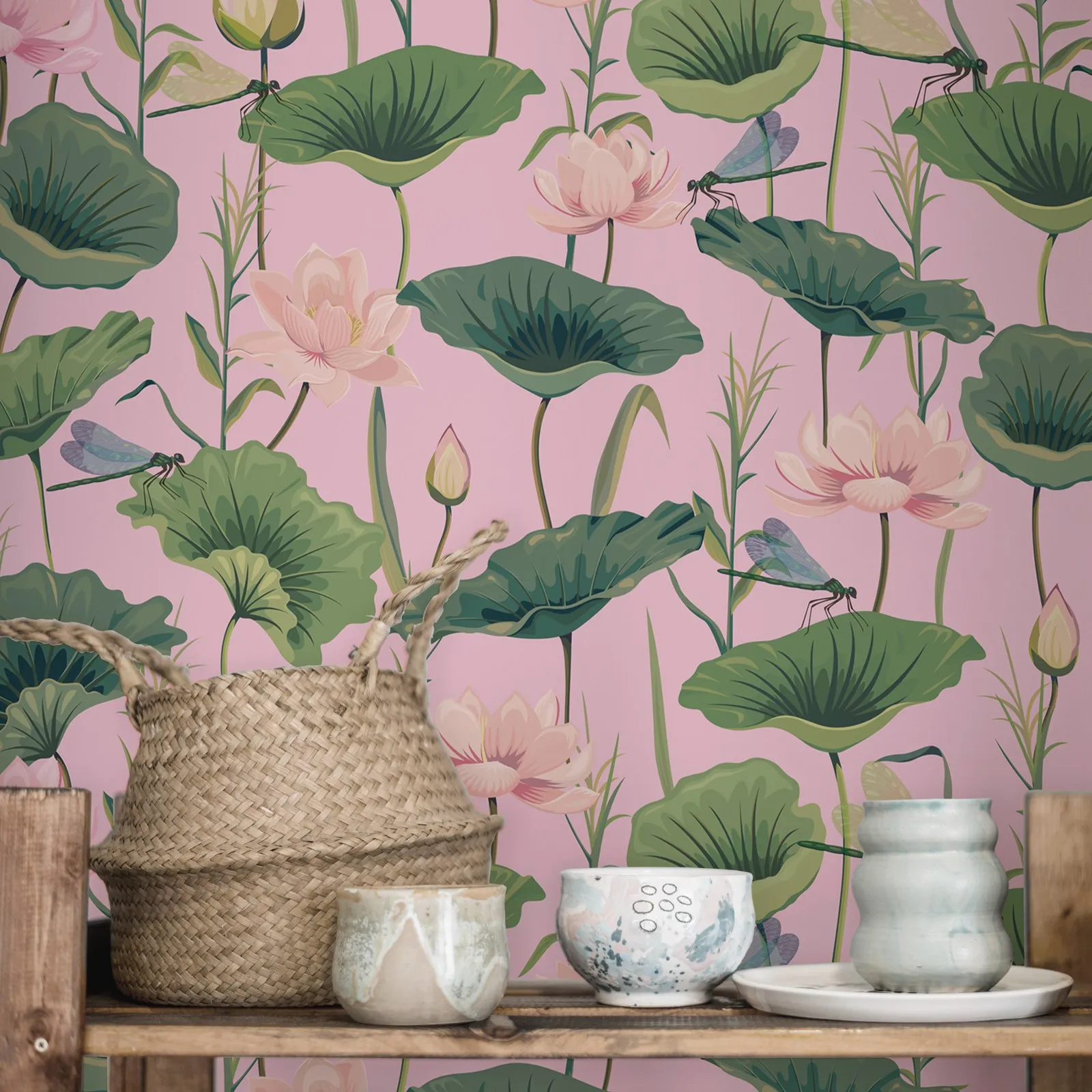 

Розовые обои с болотным озером, обои с зелеными листьями, обои со стрекозой для украшения дома, стильные настенные обои, обои с кожурой и наклейкой