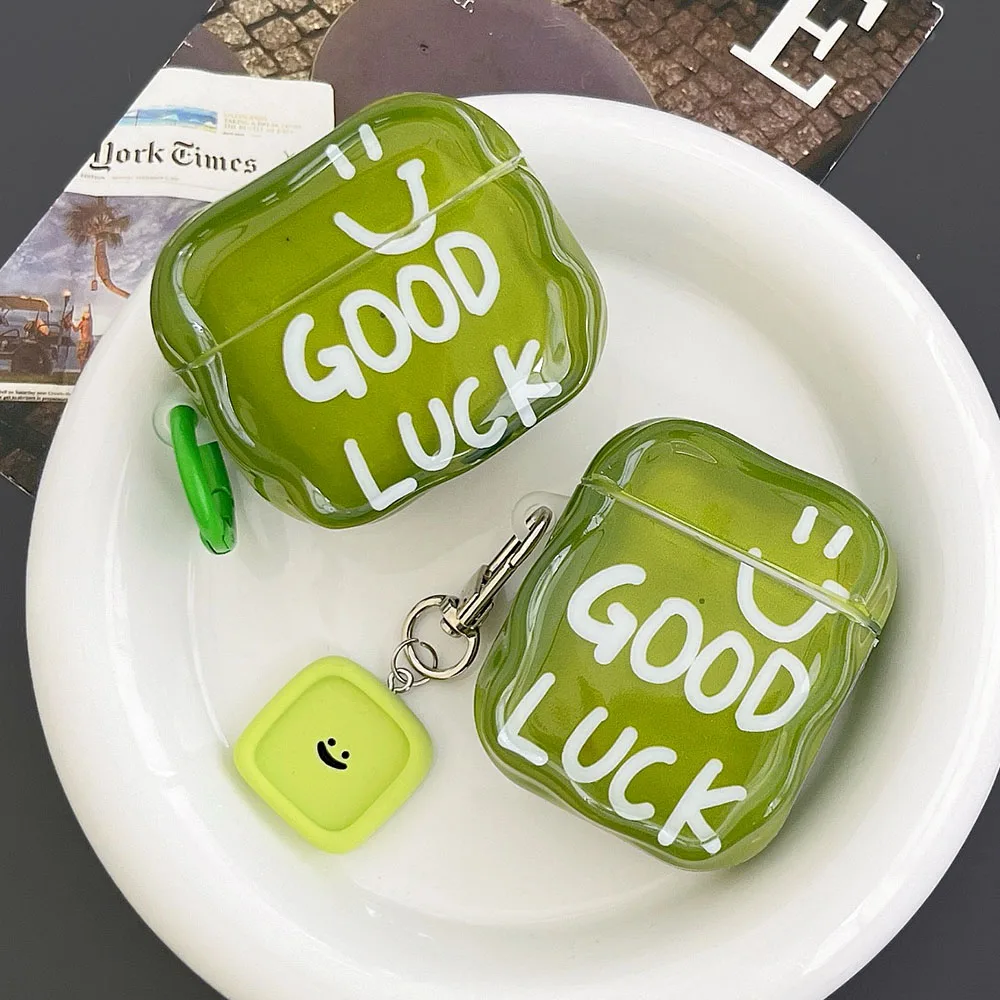 Funda para auriculares con letras en inglés verde INS para Apple Airpods Pro 2, cubierta con borde trenzado, colgante de sonrisa para Airpod 1, 2, 3, tercera generación