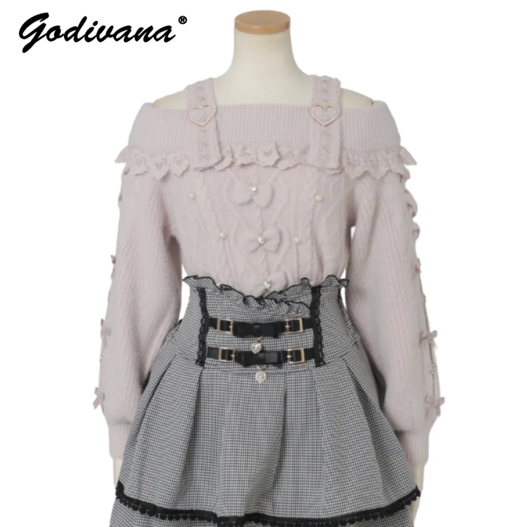 2025 الخريف والشتاء غامض حجر الراين القلب زر القوس محبوك سترة اليابانية ليز الحلو حمالة البلوز البلوزات #5