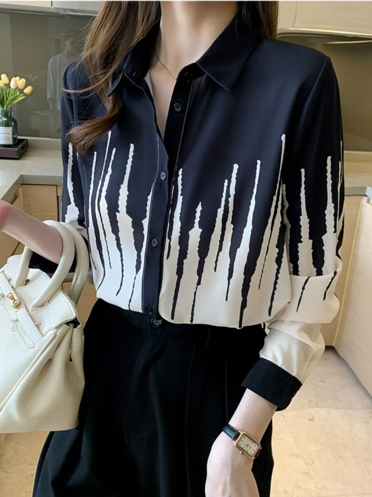 

Новая весенняя повседневная блузка из шифона с отложным воротником и цветными блоками, модная универсальная базовая женская рубашка в корейском стиле, топ с длинным рукавом для ношения под одеждой