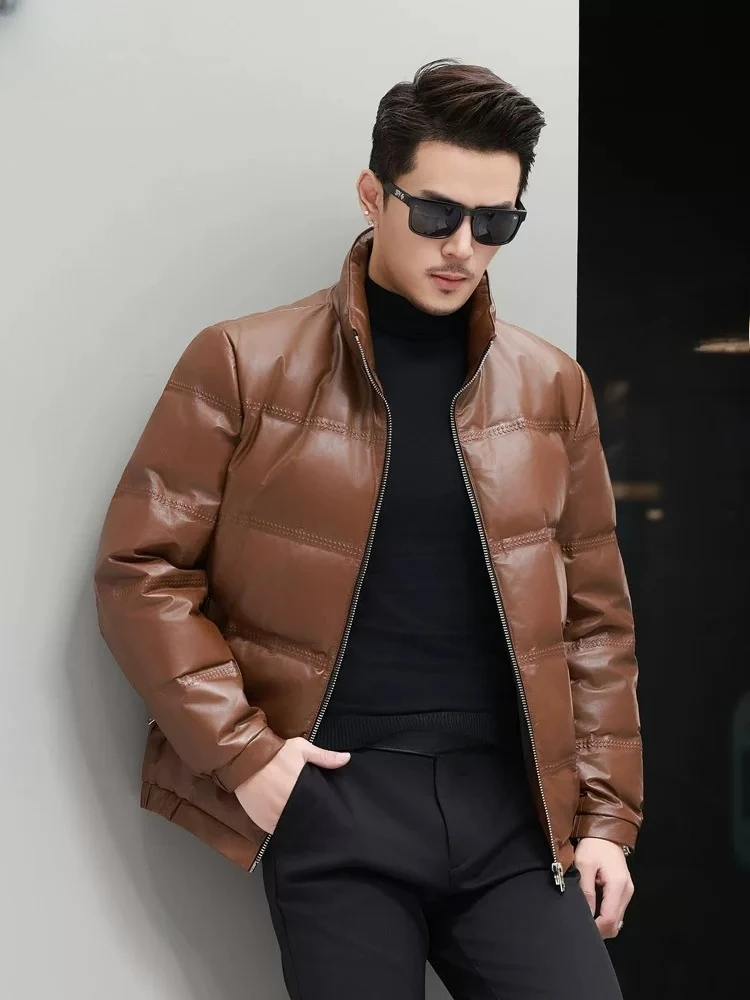 AYUNSUE 100% Genuine Leather Down Jacket Men Fashion Winter Top Layer Cowhide Real Letaher Coat Warm Brown Puffer Coats 2026