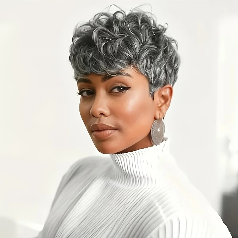 

Серебристо-серый парик пикси-боб без клея, короткий, из натуральных волос, с челкой, кудрявый, многослойный, машинной работы, для женщин, распродажа