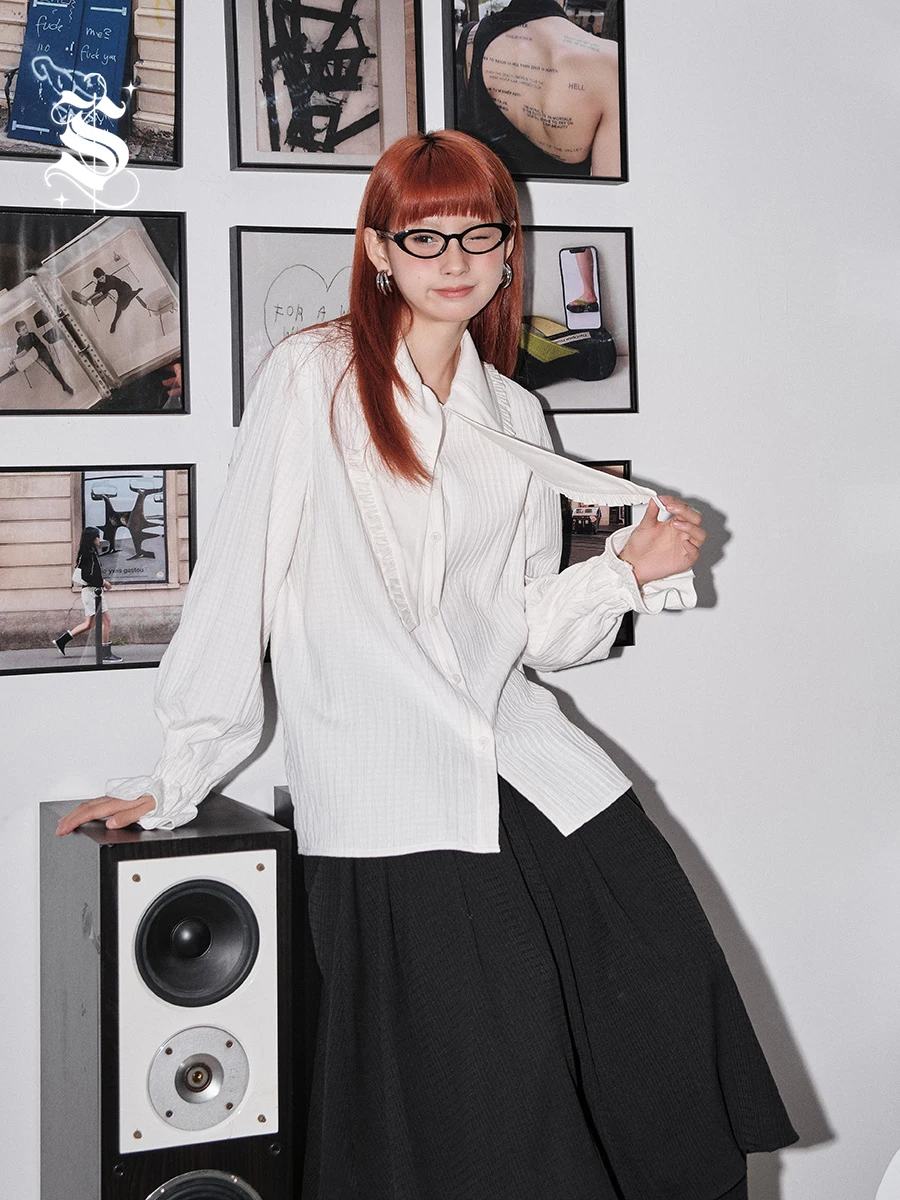 

Textured Doll Collar Bubble Sve White irt Women's Top Faionable Commute Sle Long Sve Loose Fit Polyester Cotton B...