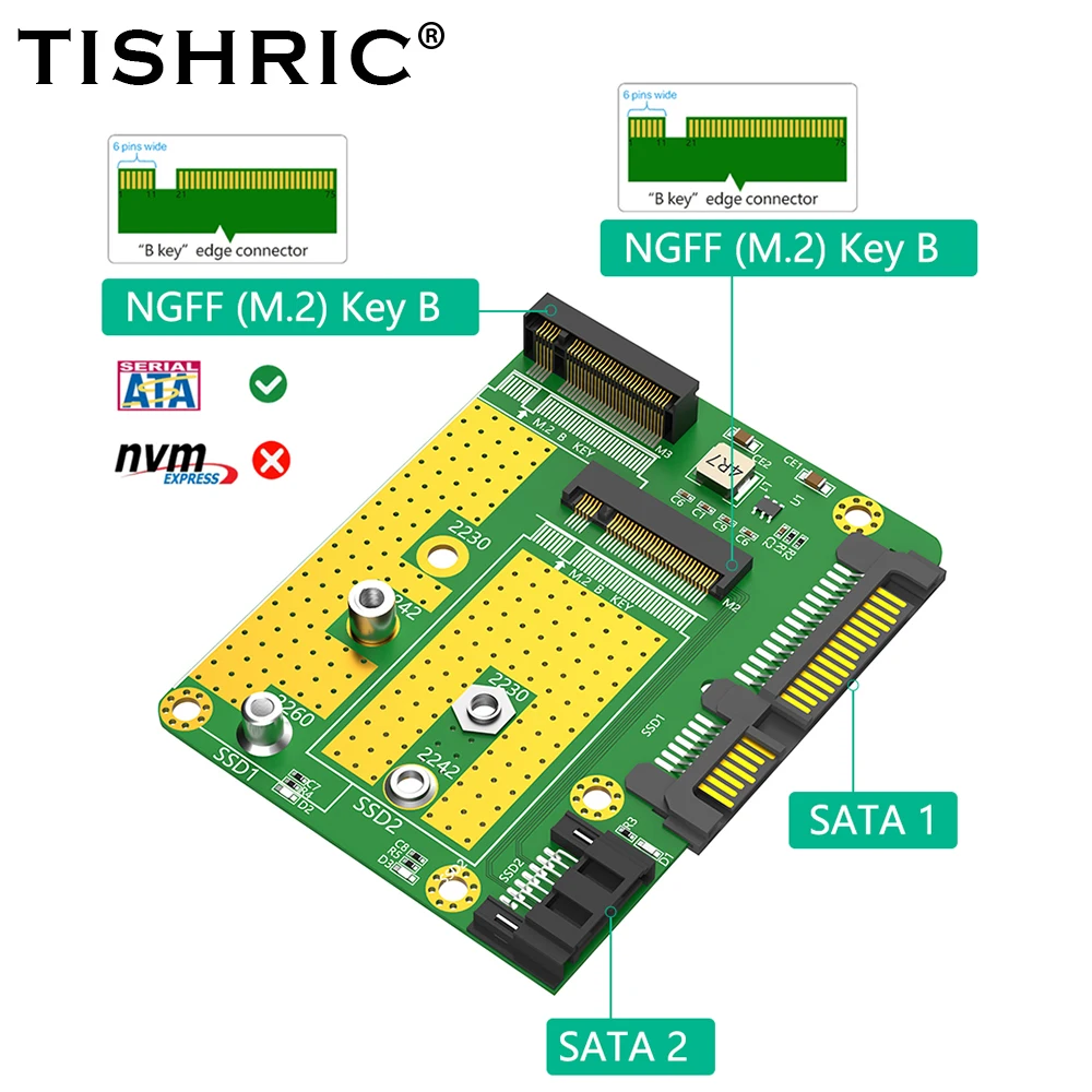 TISHRIC Новая версия адаптера карты Dual M.2(NGFF) SSD к двойному адаптеру SATA3 поддерживает M.2 2230/2242/2260 Тип SSD