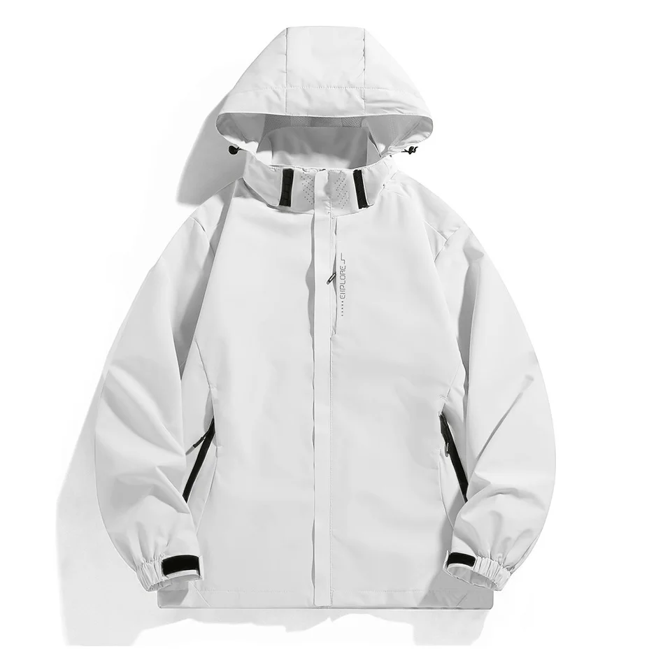 سترة رجالية بغطاء للرأس وسحاب مقاومة للرياح للتسلق في الهواء الطلق والمشي لمسافات طويلة وصيد الأسماك موضة بقصة ضيقة بلون سادة ملابس خارجية معطف كاجوال