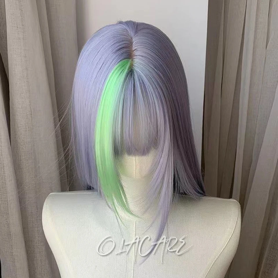 Grey with Blue Highlight Long Straight Synthetic Wigs with Bangs Cosplay Hairs Wig for Women Daily Natural Heat Resistant