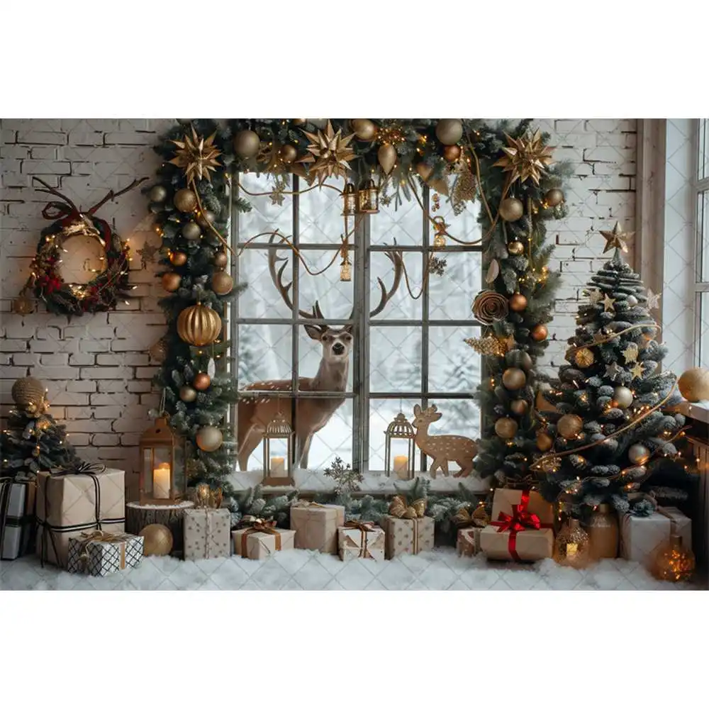 Christmas Tree Window Elk Photography Background Wreath Family Christmas Eve Party Decoration New Year Background Photo Props