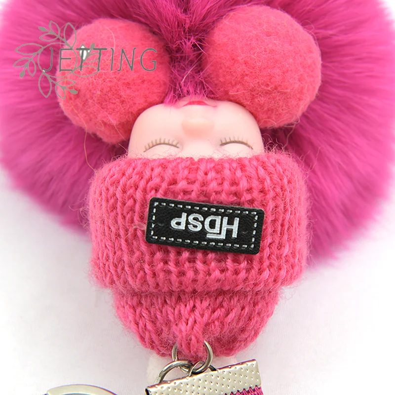 ホットポンポン寝ている赤ちゃんキーホルダーかわいいふわふわぬいぐるみキーホルダー女性ガールバッグキーリング車のキーリングギフト魅力的な装飾