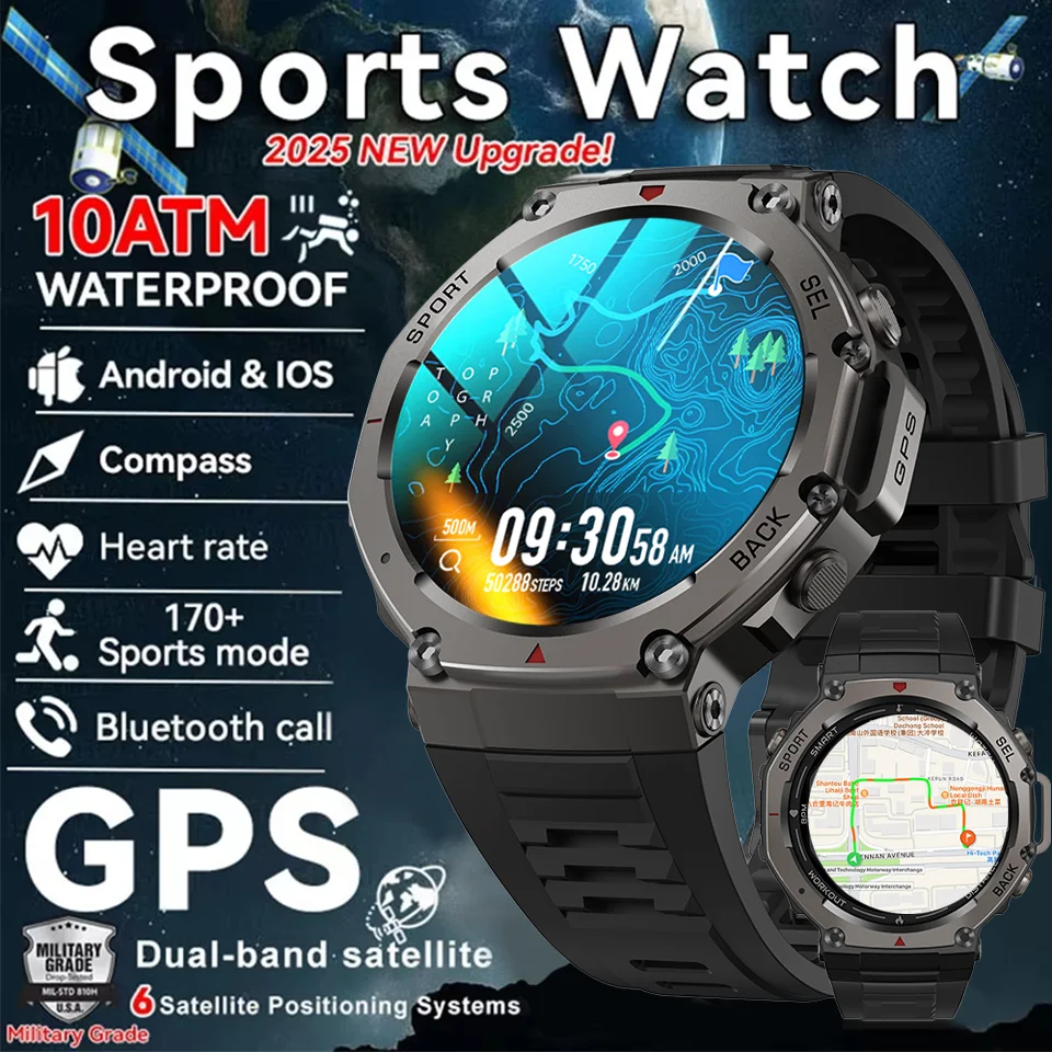 

Смарт-часы GPS с AMOLED-экраном, водонепроницаемость 5ATM, встроенный двухдиапазонный GNSS, компас, военные спортивные смарт-часы для мужчин, новинка 2026 года, аналог T-Rex 3 DM58