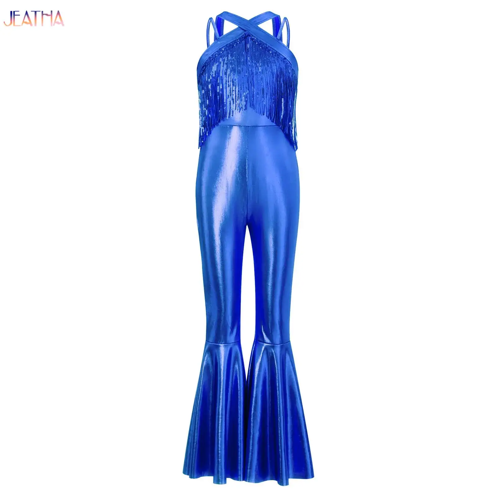 

Vintage Girls 70S Disco Jumpsuit Metallic Shiny Sequins Tassels Long Flare Pants Bodysuit Hippie Bell Bottom Jazz Dance Romper
