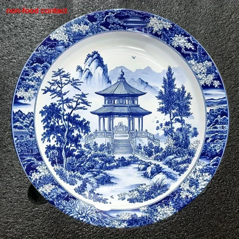 1pc Blue And White Porcelain Pavilion Landscape Round Ceramic Wall Decor Plate, Non-Food Contact. This 8-Inch Vintage