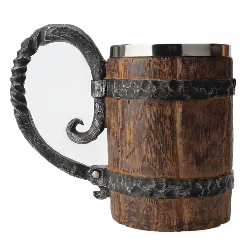 Simulated Wooden Barrel Double-layer Beer Mug, Creative and Personalized Resin Stainless Steel Liner Drinking Cup