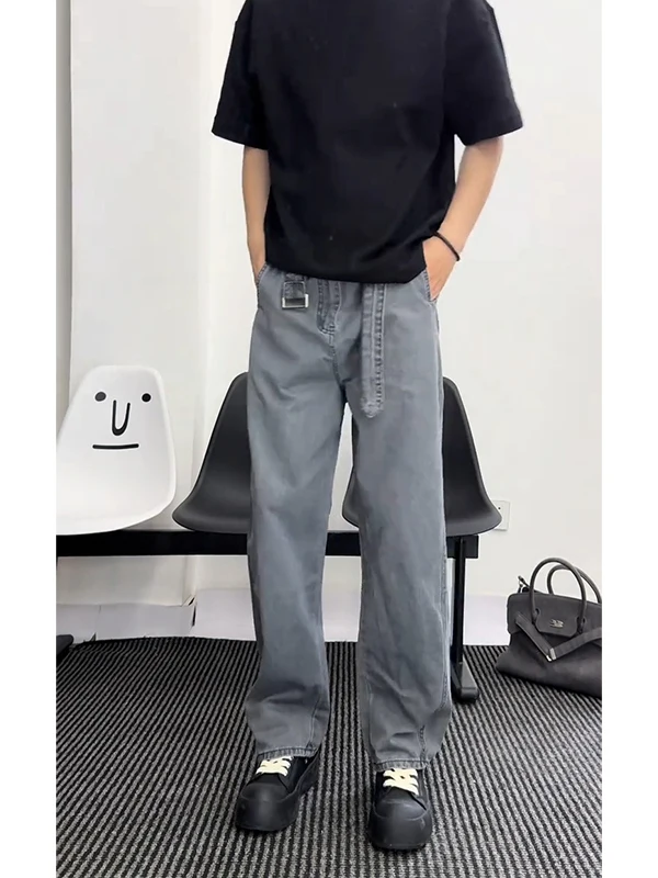 

American Waed ey Knife Jeans with Belt Lift Slimming Men's Spring Straight Workwear Pants High Waist Long Trousers