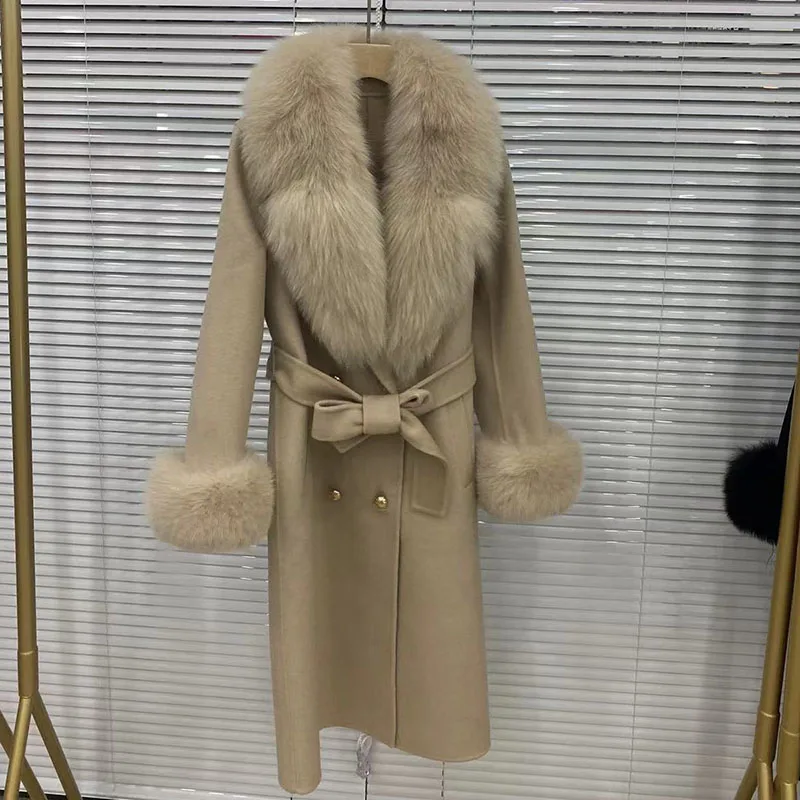 2023 Long Women Wool Cashmere Blended Coat with Big Real Fox Fur Collar Fashion Winter Jacket double breasted Belt Outwear Cuff