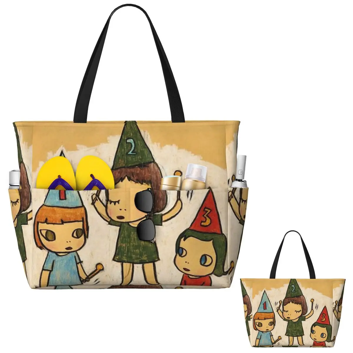 재미있는 요시토모 나라 비치 토트 백 스포츠 체육관 요가 더플 대형 토트 백 여성 여행 가방 피트니스 가방