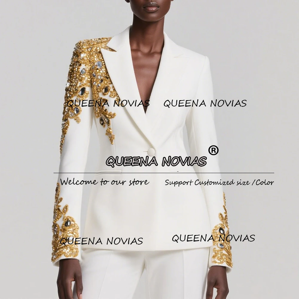 

Gold Beaded Pearls Mother Of The Bride Dress For Wedding Guest Customized 2 Pieces Jacket Pants Women Suits Lady Business Gowns