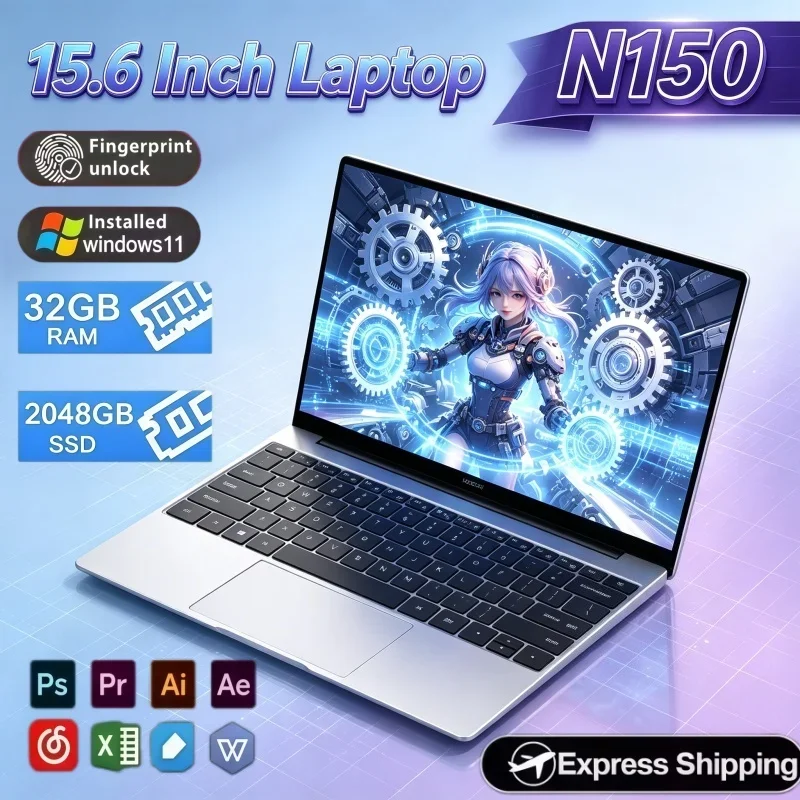 High Performance 15.6" Notebook Intel N150 Windows 11 32GB RAM 2TB SSD Fingerprint Unlock Daily Office Portable Laptop