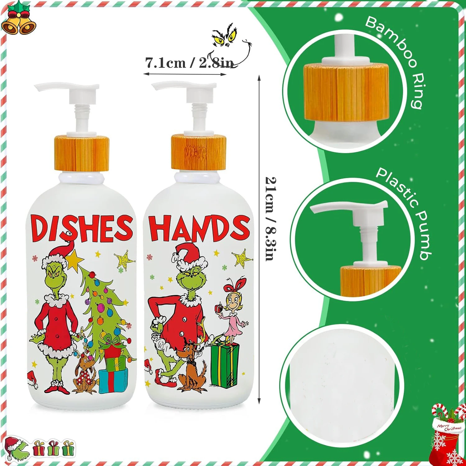 2-teiliges Weihnachtsseifenspender-Set, Urlaubshandseifenspender mit Pumpe und Tablett, nachfüllbare weiße Flaschen für die Küchenspüle – Detail 6