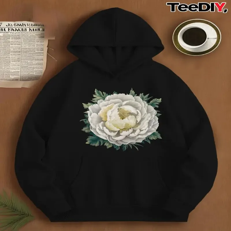 

Зимне-осенний свитшот больших размеров, женская одежда больших размеров, женская элегантная элегантная белая пион с цветочным принтом, модная одежда с круглым вырезом и длинными рукавами