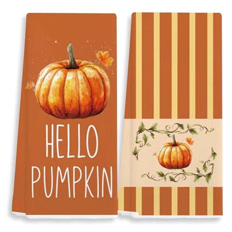 

Осенние кухонные полотенца, набор из 2 декоративных полотенец Hello Pumpkin в полоску, 16x24, полотенце для мытья посуды для фермерского дома, кухни, ванной комнаты