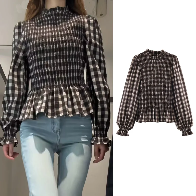 

Женские блузки 2026, топы, модные клетчатые эластичные облегающие элегантные весенние рубашки с длинными рукавами, уличные шикарные молодые блузки