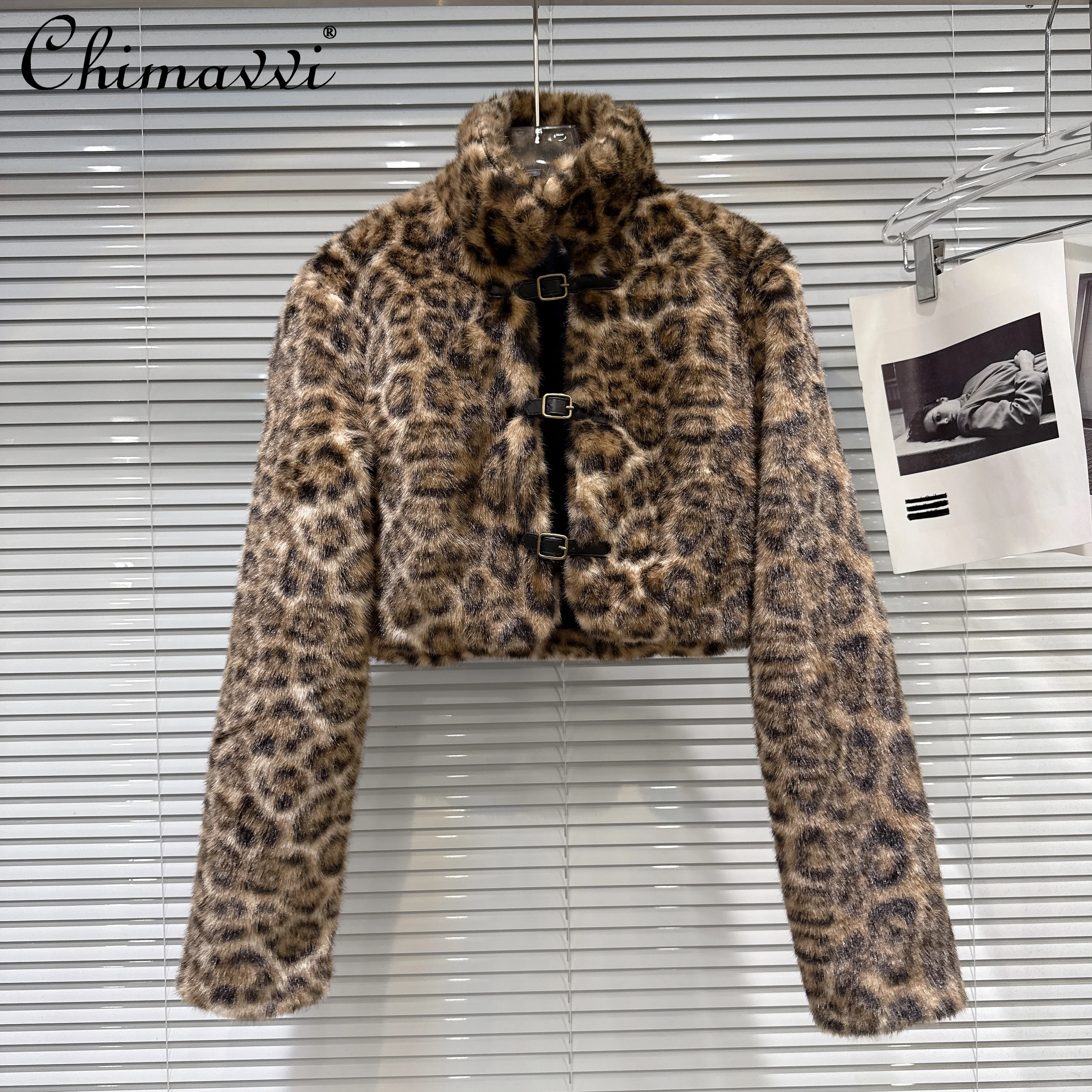 

Korean Style Elegant Fashion Socialite Leopard Faux Fur Coat Stand Collar Long Sleeve Button Belt Short Jacket For Women Winter