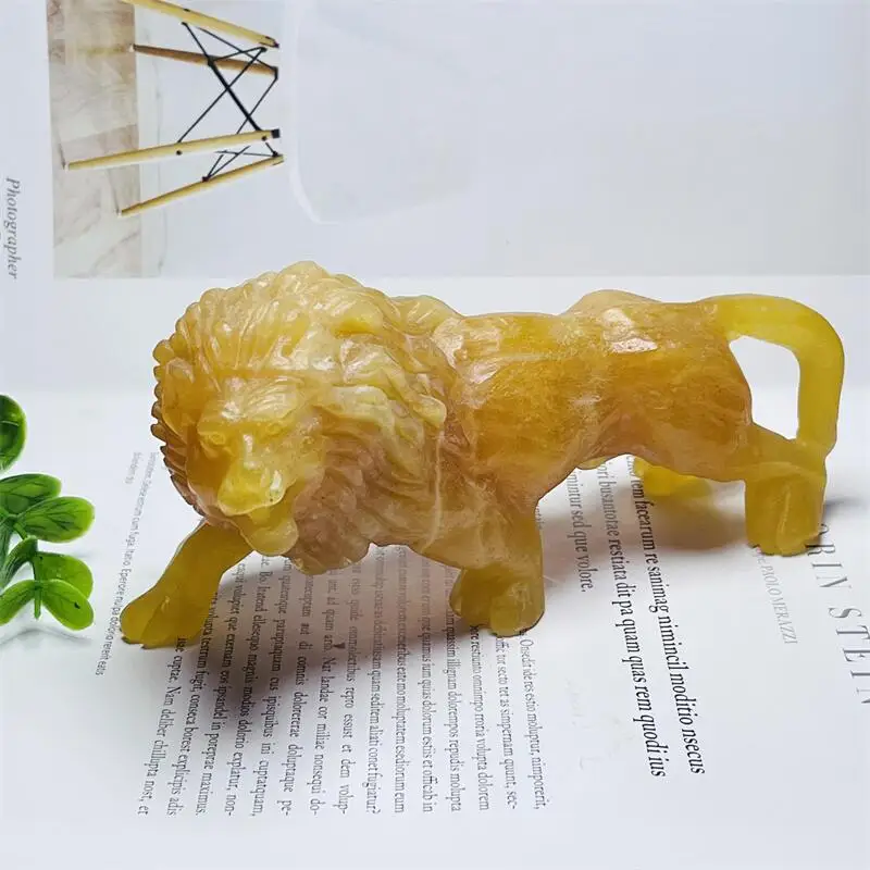 

Natural Stone Orange Calcite Crystal Handmade Carved Lion Polished Animal Powerful Statue For Home Decoration 1pcs