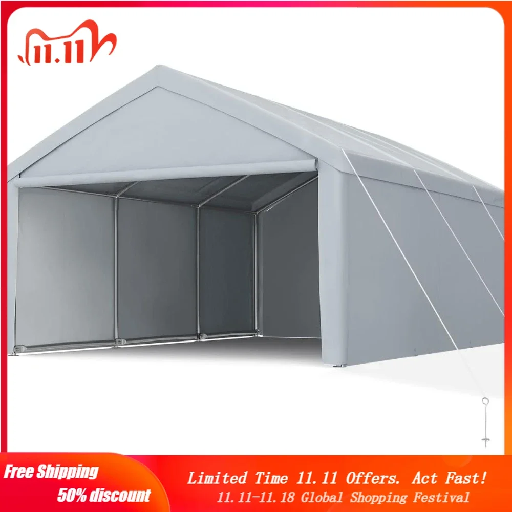 

13'X20' Heavy Duty Carport with Removable Sidewalls Reinforced Car Canopy Garage Outdoor Boat Shelter - Silver Gray