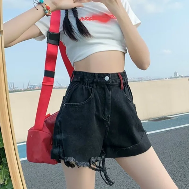 Retro Contrasting Denim, Women\'s Irregular Pocket Design, Tassel Shorts, Small Tall Waist, Spicy Girl Hot Pants, Summer