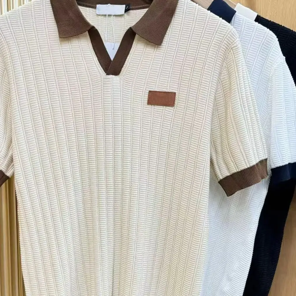 BC Italian old money style knitted short-sleeved chest leather men's lapel contrasting color buckle-free POLO shirt