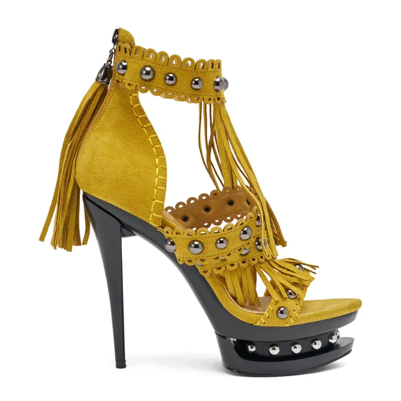 

Metal Rivet Tassel Suede Sandals Sexy Round Toe Thin Heel Back Straps Zipper Customized New Arrivals Fashion Women Modern Shoes