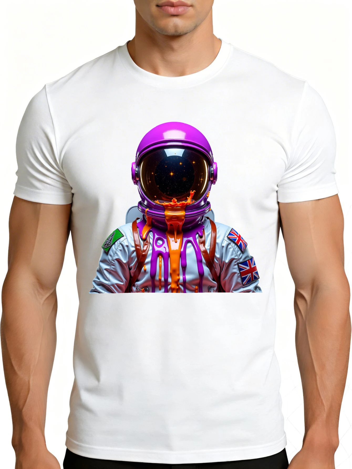 Men's Plain Graphic T-Shirt - Breathable, Soft, Lightweight - Purple Helmet Astronaut with Dripping Paint - Vintage Fun Graphic Casual Short Sleeve Summer Top, Great Gift for Him