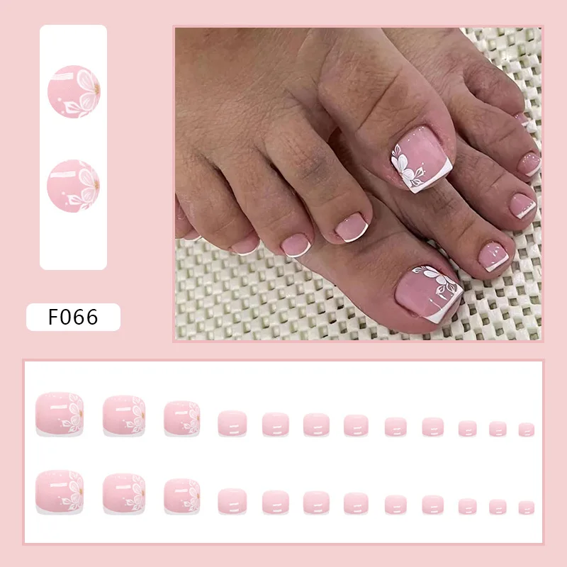 24pcs French Flower Artificial Toenails Short White Edge Exquisite Design 2023 New Summer Foot Nail Wearable Fake Toenail Patch