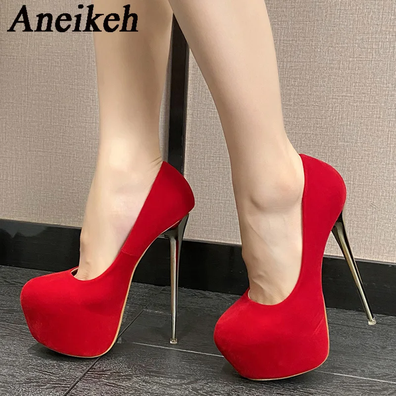 Aneikeh 2024 Elegant Platform Round Head Thin Heels Pumps  Women\'s Flock Super High Heels Shoes Party Dress Ball Zapatos Mules